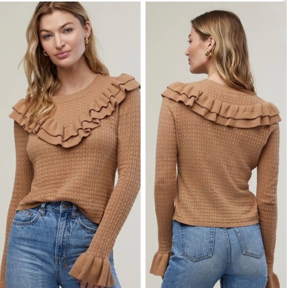 Rachel Parcell Pointelle Ruffle Sweater Beige Tan Size XS